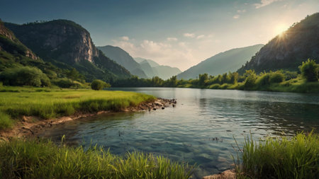 Panoramic view of the mountain river. Beautiful summer landscape.