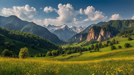 Panoramic view of the mountains in summer.の写真素材