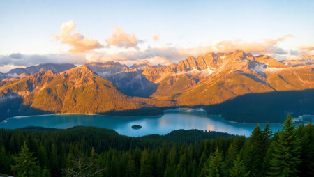 Sunset over the lake in the mountains of Canadian Rockies, Alberta, Canadaの写真素材