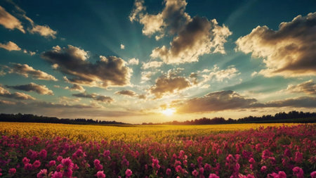 Beautiful sunset over blooming field of clover. Nature composition.の写真素材