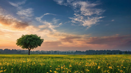 Sunset over a meadow with tree and clouds in the skyの写真素材