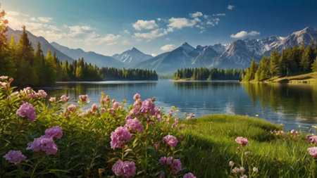 Panoramic view of alpine lake with blooming pink peonies and mountains in backgroundの写真素材