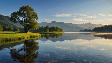 Reflection of trees on the lake. Beautiful summer landscape with lake and mountains.の写真素材