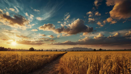 Sunset over wheat field with blue sky and clouds, panorama