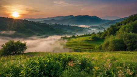 Landscape of rice terraces in the morning at Doi Angkhang, Chiang Mai, Thailandの写真素材