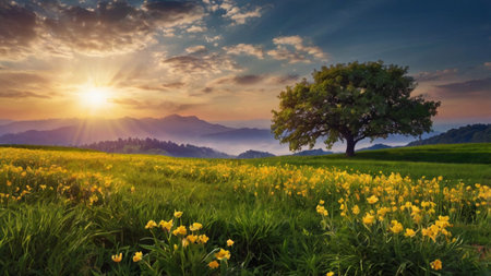 Beautiful spring landscape with yellow flowers and lonely tree on the meadowの写真素材