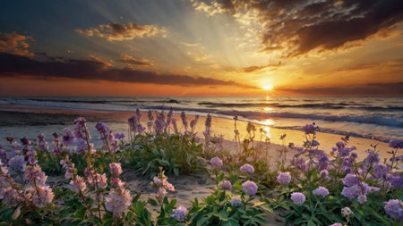 Sunset on the beach with purple flowers in the foreground and a beautiful skyの写真素材