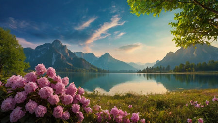 Panoramic view of alpine lake with blooming pink rhododendron flowers.の写真素材