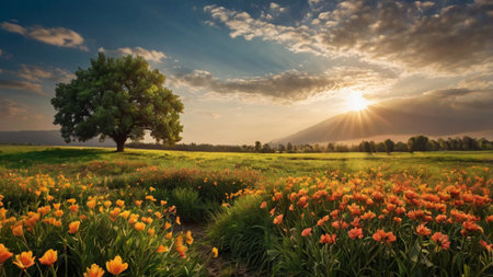 Beautiful spring landscape with field of tulips and tree at sunsetの写真素材