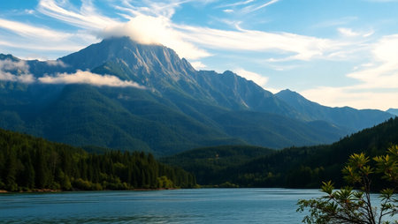 Mountain lake in the mountains at sunset. Beautiful summer landscape.