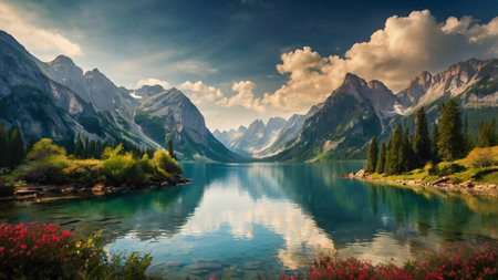Panoramic view of beautiful lake in the mountains. Nature landscapeの写真素材