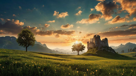 Beautiful landscape with green meadow and old castle at sunset.の写真素材
