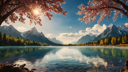 Beautiful landscape with blooming sakura trees and lake in Alpsの写真素材