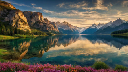 Panoramic view of the lake in Dolomites, Italyの写真素材