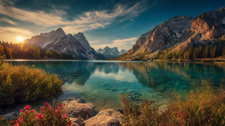 panoramic view of alpine lake and mountains at sunset, Dolomites, Italyの写真素材