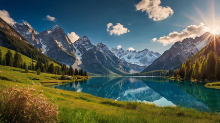 Panoramic view of beautiful alpine lake with reflection of snow-capped mountains in the lakeの写真素材