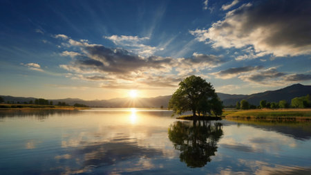 Sunset over the lake with a tree in the foreground and mountains in the backgroundの写真素材