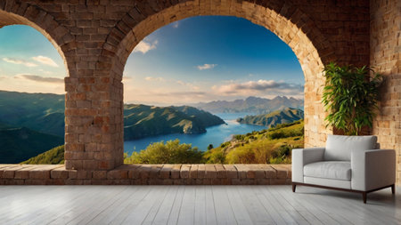 Comfortable sofa in modern interior with view of lake.