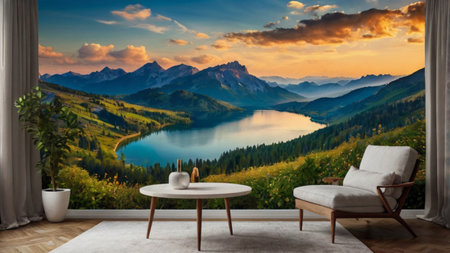 Composite image of two armchairs and coffee table on a carpet in front of the lakeの写真素材