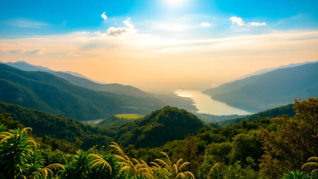 Beautiful landscape of mountains and lake in the morning, Thailand.の写真素材