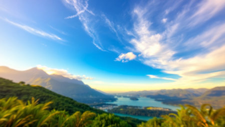 blur view from the hill to the sea and mountainの写真素材