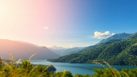 Panoramic view of the lake in the mountains. Landscape with mountains.の写真素材
