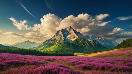 Mountain landscape with pink flowers and snow-capped peaks.の写真素材