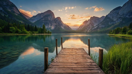 Wooden pier on the lake in the Dolomites, Italyの写真素材