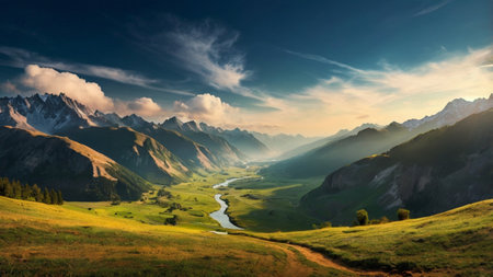 Mountain landscape at sunset. Panoramic view of the valley and the riverの写真素材