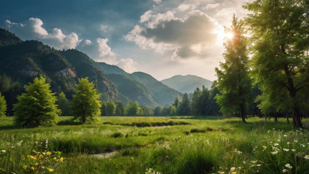 Beautiful summer landscape with green meadow and mountains in the backgroundの写真素材
