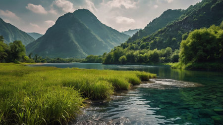 Landscape of the mountain river in the valley of the Caucasus.