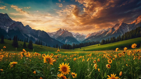 panoramic view of alpine meadow with sunflowersの写真素材