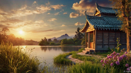 Beautiful landscape of wooden house on the lake at sunset time.の写真素材