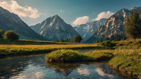 panoramic view of alpine meadows and mountains at sunsetの写真素材