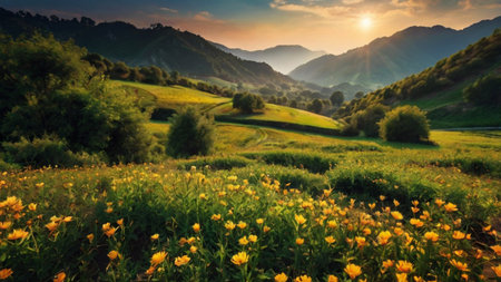 Mountain meadow with yellow flowers at sunset. Nature composition.