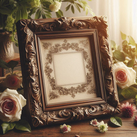 Vintage photo frame with flowers on wooden table. Mockup for designの写真素材