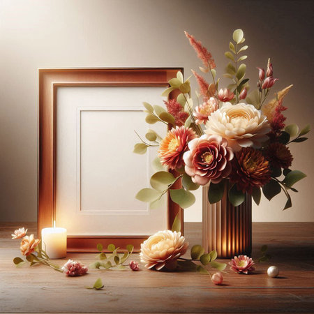Bouquet of flowers in vase with wooden frame on wooden table