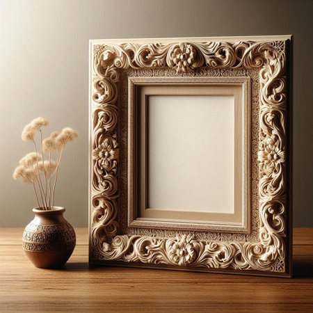 Vintage picture frame on the wooden table. 3d render.の写真素材