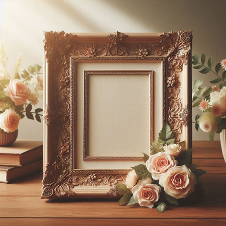 Vintage photo frame with flowers on wooden table. Mockup for designの写真素材