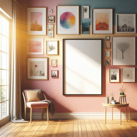 Interior of living room with pink walls, wooden floor, beige armchair, picture frames and window...