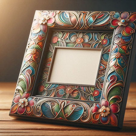 Retro photo frame on wooden table. Vintage style toned pictureの写真素材