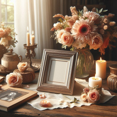 Vintage photo frame, candles and flowers on the wooden table.の写真素材