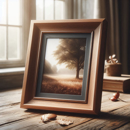 Wooden photo frame with autumn landscape on the windowsill. Mock up