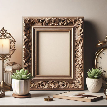 Blank picture frame mockup in interior background. 3d renderの写真素材