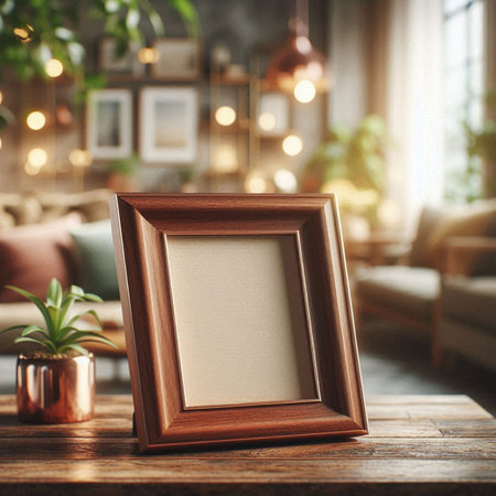 Wooden photo frame on wooden table in living room interior. Mock up