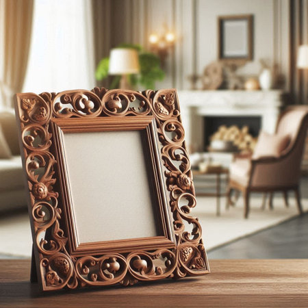 Wooden picture frame on table in living room, 3d render