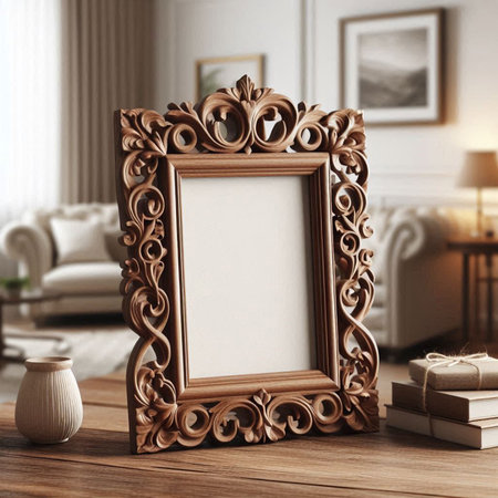 Wooden picture frame on table in living room. 3d rendering