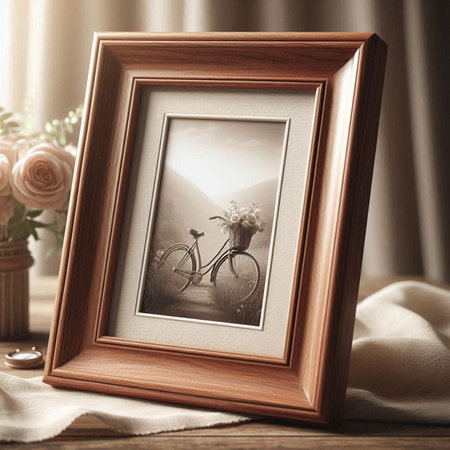 Wooden photo frame with bicycle on table in room. Mock upの写真素材