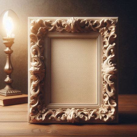Vintage photo frame on wooden table. Mock up, 3D Rendering