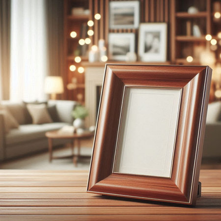 Wooden photo frame on table in living room. 3d rendering
